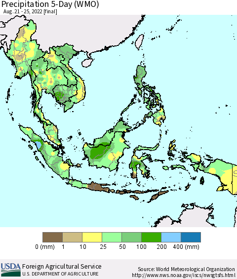 South East Asia Precipitation 5-Day (WMO) Thematic Map For 8/21/2022 - 8/25/2022