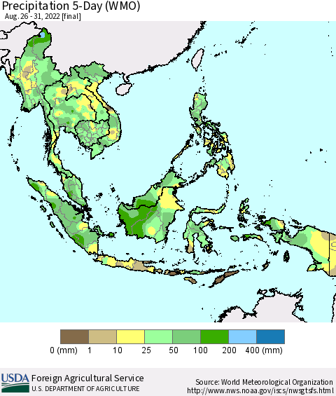 South East Asia Precipitation 5-Day (WMO) Thematic Map For 8/26/2022 - 8/31/2022