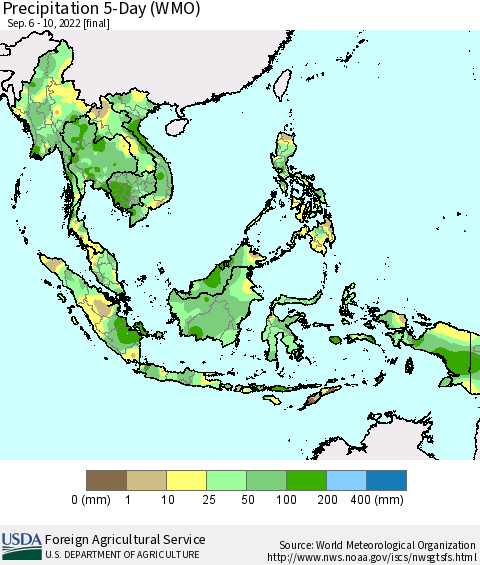 South East Asia Precipitation 5-Day (WMO) Thematic Map For 9/6/2022 - 9/10/2022