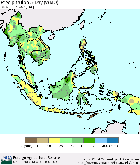 South East Asia Precipitation 5-Day (WMO) Thematic Map For 9/11/2022 - 9/15/2022