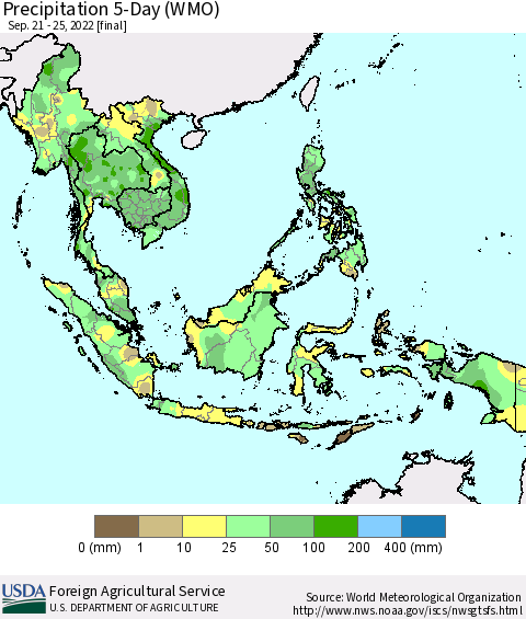 South East Asia Precipitation 5-Day (WMO) Thematic Map For 9/21/2022 - 9/25/2022