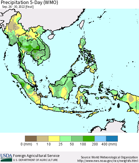 South East Asia Precipitation 5-Day (WMO) Thematic Map For 9/26/2022 - 9/30/2022