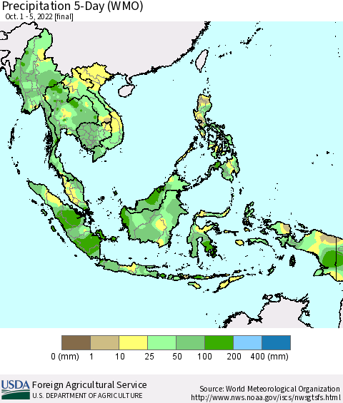 South East Asia Precipitation 5-Day (WMO) Thematic Map For 10/1/2022 - 10/5/2022