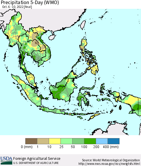 South East Asia Precipitation 5-Day (WMO) Thematic Map For 10/6/2022 - 10/10/2022