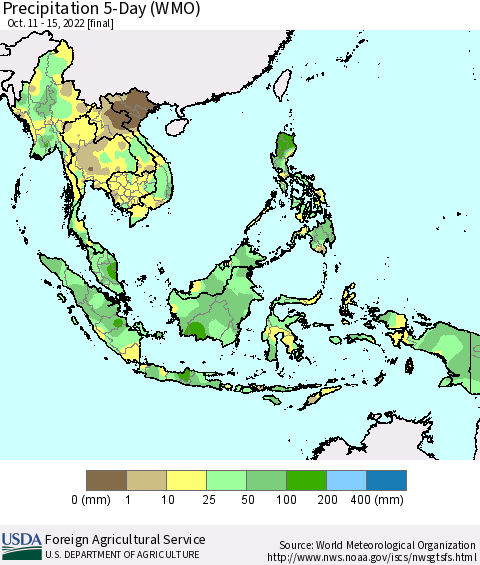 South East Asia Precipitation 5-Day (WMO) Thematic Map For 10/11/2022 - 10/15/2022