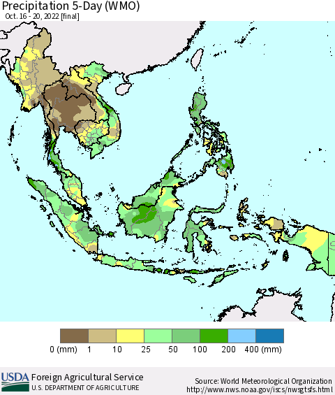 South East Asia Precipitation 5-Day (WMO) Thematic Map For 10/16/2022 - 10/20/2022