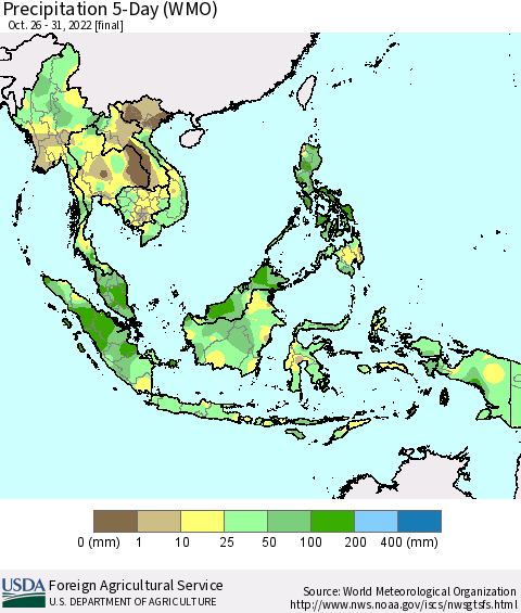 South East Asia Precipitation 5-Day (WMO) Thematic Map For 10/26/2022 - 10/31/2022
