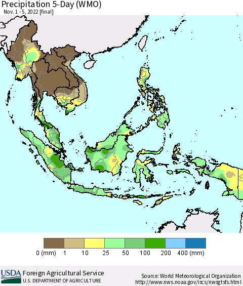 South East Asia Precipitation 5-Day (WMO) Thematic Map For 11/1/2022 - 11/5/2022