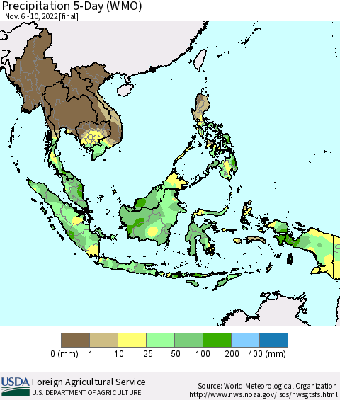 South East Asia Precipitation 5-Day (WMO) Thematic Map For 11/6/2022 - 11/10/2022
