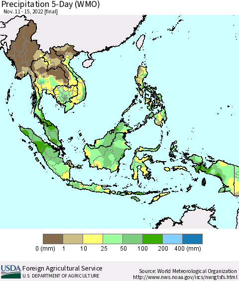 South East Asia Precipitation 5-Day (WMO) Thematic Map For 11/11/2022 - 11/15/2022
