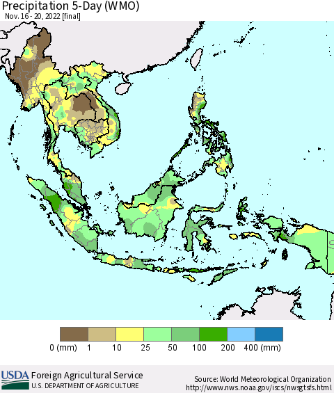 South East Asia Precipitation 5-Day (WMO) Thematic Map For 11/16/2022 - 11/20/2022