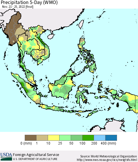 South East Asia Precipitation 5-Day (WMO) Thematic Map For 11/21/2022 - 11/25/2022
