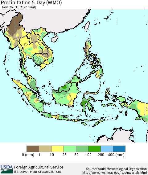 South East Asia Precipitation 5-Day (WMO) Thematic Map For 11/26/2022 - 11/30/2022