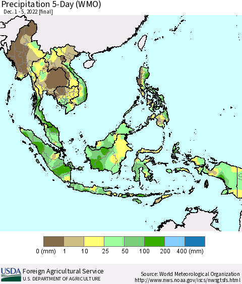 South East Asia Precipitation 5-Day (WMO) Thematic Map For 12/1/2022 - 12/5/2022