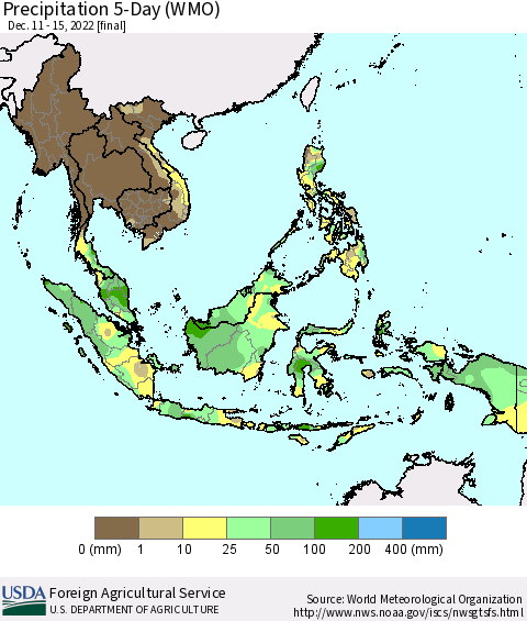 South East Asia Precipitation 5-Day (WMO) Thematic Map For 12/11/2022 - 12/15/2022