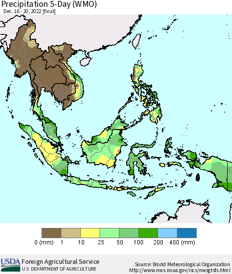 South East Asia Precipitation 5-Day (WMO) Thematic Map For 12/16/2022 - 12/20/2022