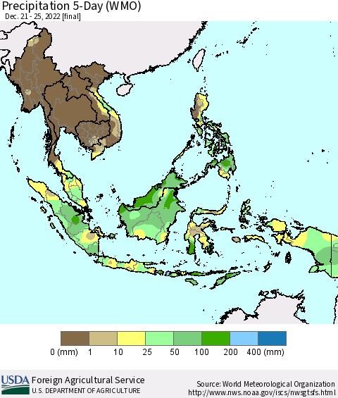 South East Asia Precipitation 5-Day (WMO) Thematic Map For 12/21/2022 - 12/25/2022
