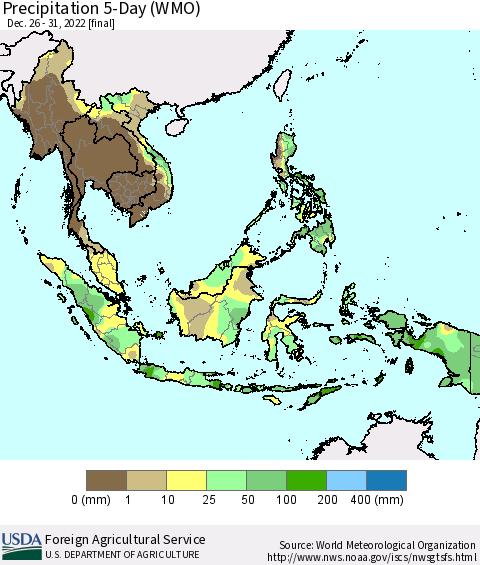 South East Asia Precipitation 5-Day (WMO) Thematic Map For 12/26/2022 - 12/31/2022