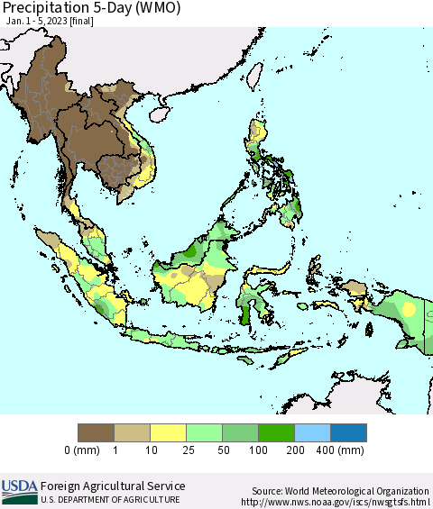 South East Asia Precipitation 5-Day (WMO) Thematic Map For 1/1/2023 - 1/5/2023