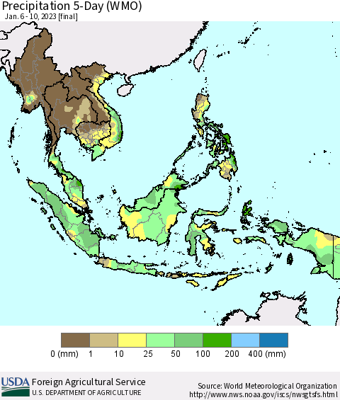South East Asia Precipitation 5-Day (WMO) Thematic Map For 1/6/2023 - 1/10/2023