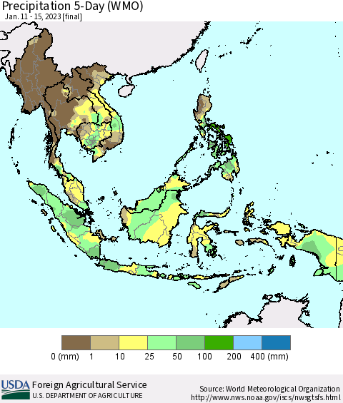 South East Asia Precipitation 5-Day (WMO) Thematic Map For 1/11/2023 - 1/15/2023