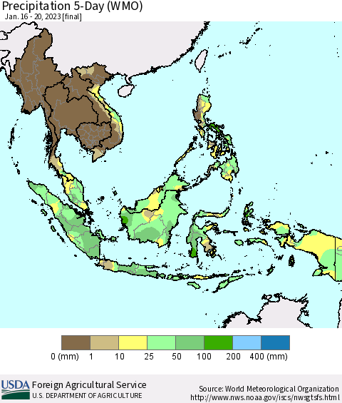 South East Asia Precipitation 5-Day (WMO) Thematic Map For 1/16/2023 - 1/20/2023