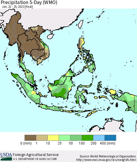 South East Asia Precipitation 5-Day (WMO) Thematic Map For 1/21/2023 - 1/25/2023