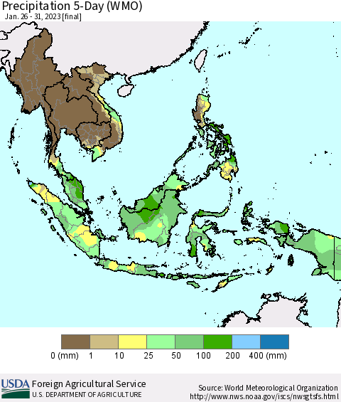 South East Asia Precipitation 5-Day (WMO) Thematic Map For 1/26/2023 - 1/31/2023