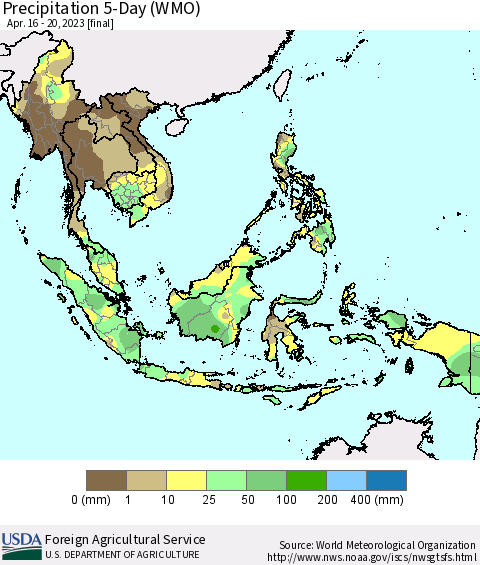 South East Asia Precipitation 5-Day (WMO) Thematic Map For 4/16/2023 - 4/20/2023