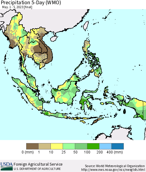 South East Asia Precipitation 5-Day (WMO) Thematic Map For 5/1/2023 - 5/5/2023