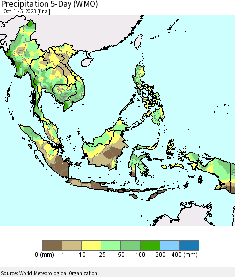 South East Asia Precipitation 5-Day (WMO) Thematic Map For 10/1/2023 - 10/5/2023