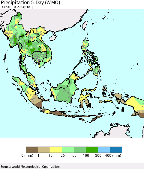 South East Asia Precipitation 5-Day (WMO) Thematic Map For 10/6/2023 - 10/10/2023