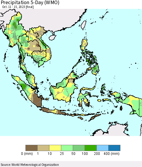South East Asia Precipitation 5-Day (WMO) Thematic Map For 10/11/2023 - 10/15/2023