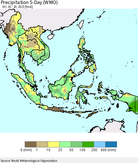 South East Asia Precipitation 5-Day (WMO) Thematic Map For 10/16/2023 - 10/20/2023