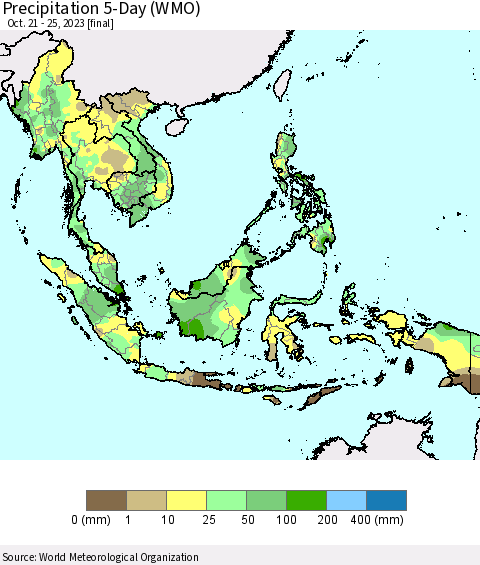 South East Asia Precipitation 5-Day (WMO) Thematic Map For 10/21/2023 - 10/25/2023