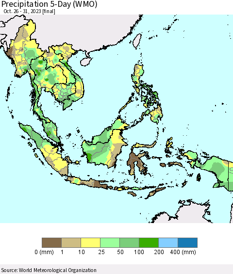 South East Asia Precipitation 5-Day (WMO) Thematic Map For 10/26/2023 - 10/31/2023