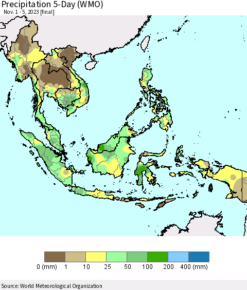 South East Asia Precipitation 5-Day (WMO) Thematic Map For 11/1/2023 - 11/5/2023