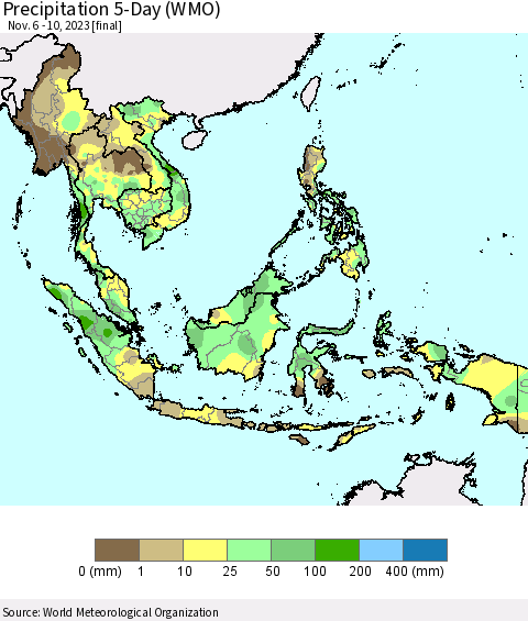 South East Asia Precipitation 5-Day (WMO) Thematic Map For 11/6/2023 - 11/10/2023