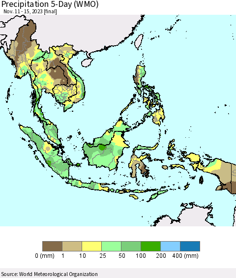 South East Asia Precipitation 5-Day (WMO) Thematic Map For 11/11/2023 - 11/15/2023