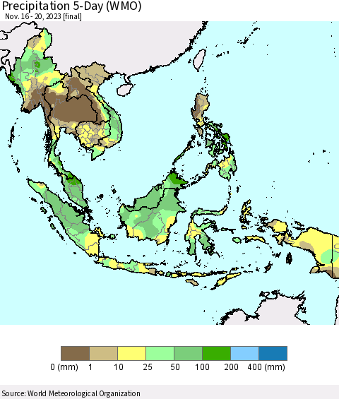 South East Asia Precipitation 5-Day (WMO) Thematic Map For 11/16/2023 - 11/20/2023