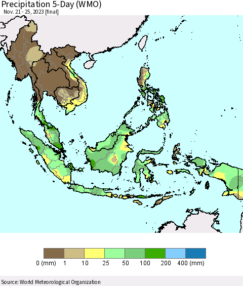 South East Asia Precipitation 5-Day (WMO) Thematic Map For 11/21/2023 - 11/25/2023
