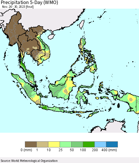 South East Asia Precipitation 5-Day (WMO) Thematic Map For 11/26/2023 - 11/30/2023