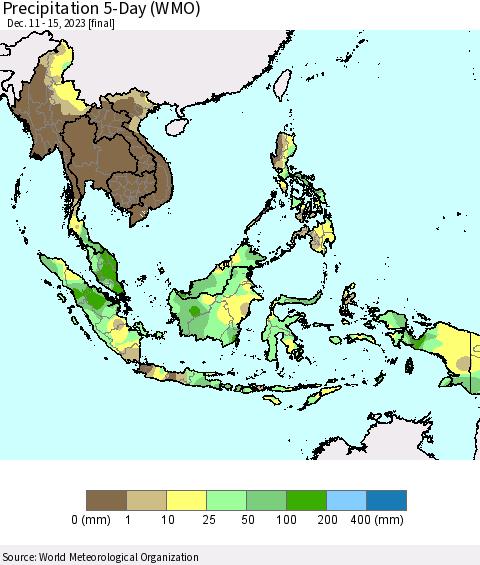 South East Asia Precipitation 5-Day (WMO) Thematic Map For 12/11/2023 - 12/15/2023