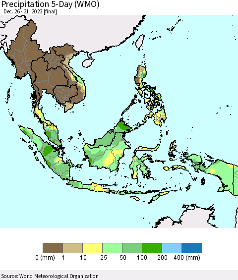 South East Asia Precipitation 5-Day (WMO) Thematic Map For 12/26/2023 - 12/31/2023