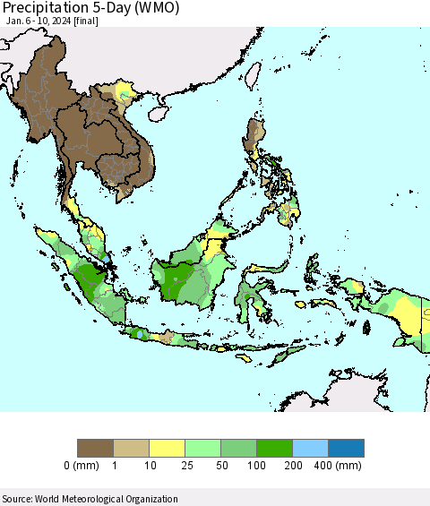 South East Asia Precipitation 5-Day (WMO) Thematic Map For 1/6/2024 - 1/10/2024