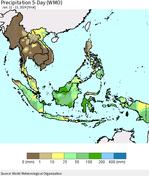South East Asia Precipitation 5-Day (WMO) Thematic Map For 1/11/2024 - 1/15/2024