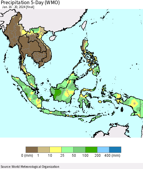 South East Asia Precipitation 5-Day (WMO) Thematic Map For 1/16/2024 - 1/20/2024