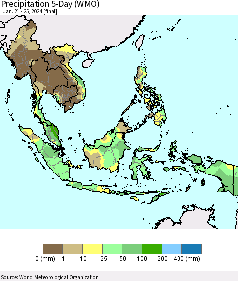 South East Asia Precipitation 5-Day (WMO) Thematic Map For 1/21/2024 - 1/25/2024