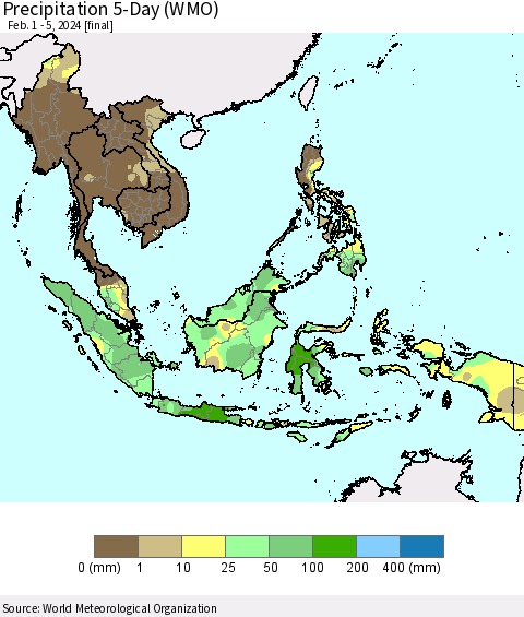 South East Asia Precipitation 5-Day (WMO) Thematic Map For 2/1/2024 - 2/5/2024