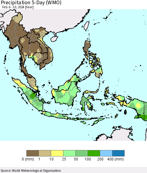 South East Asia Precipitation 5-Day (WMO) Thematic Map For 2/6/2024 - 2/10/2024